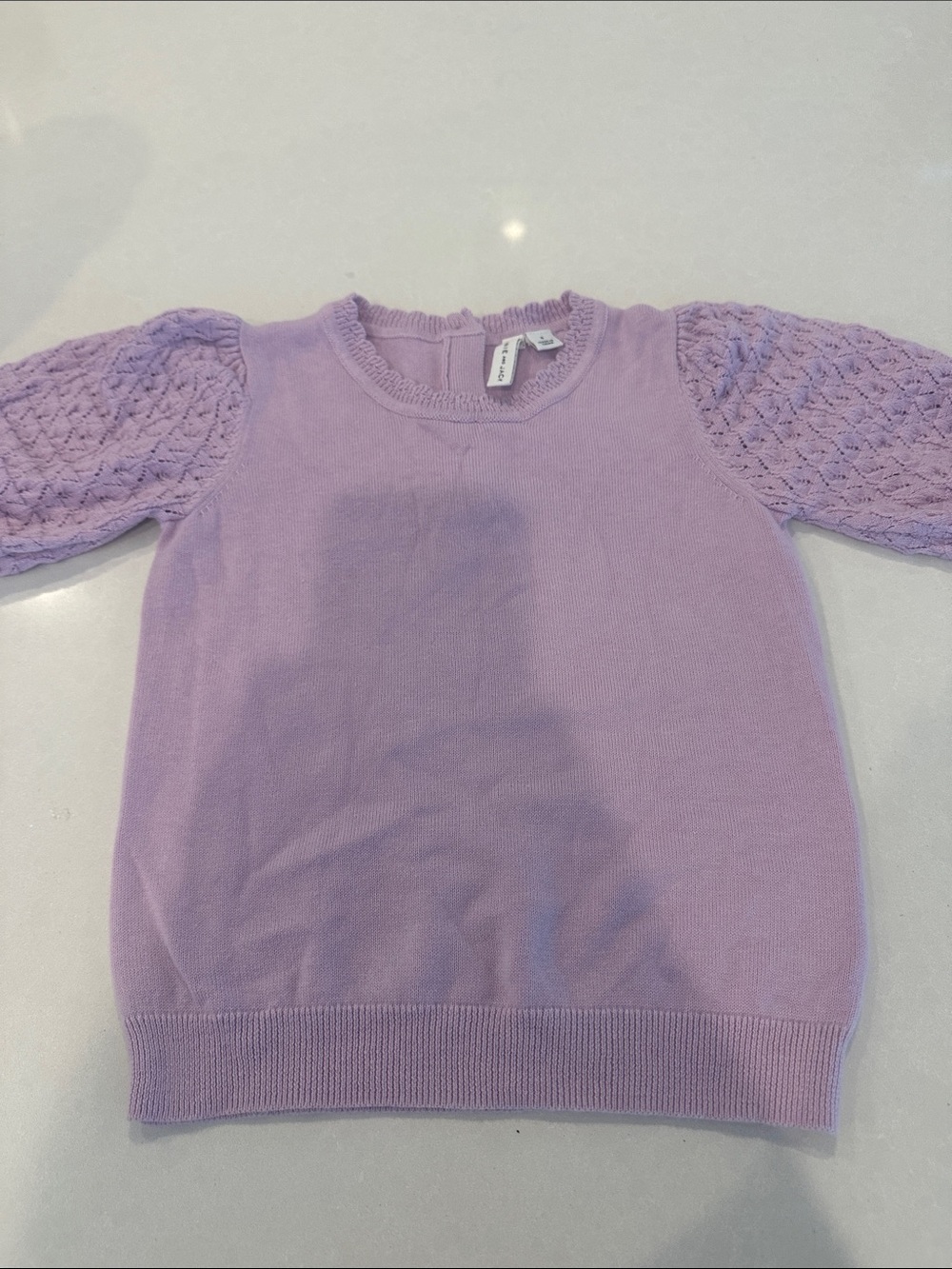 Janie and Jack Lilac Knit Crewneck Sweater with Puff Sleeves